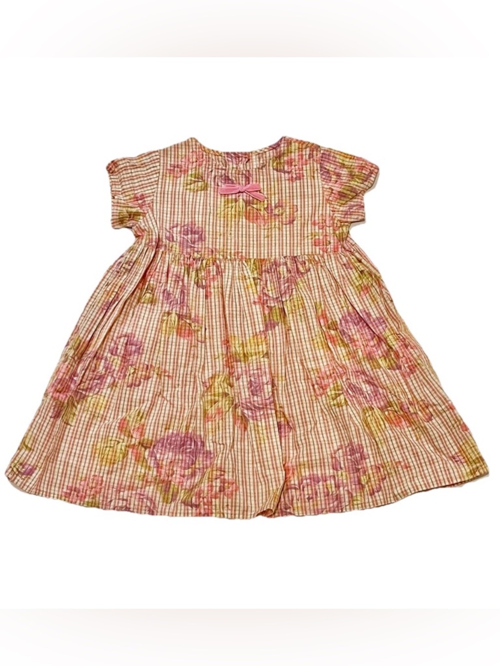 Baby Lulu Vintage Pink Checkered Floral Short Sleeve Dress, 3T